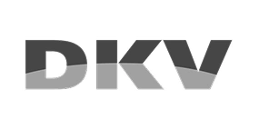 Logotipo en escala de grises de DKV, mutua médica asociada con Junyent Estudi Dental.