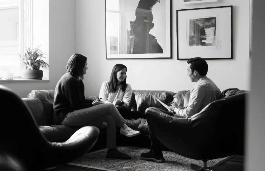 Logopeda atenent dues dones adultes en una sessió de teràpia a la consulta.