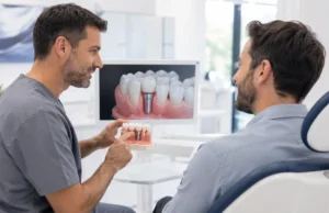 Patient receiving explanation about whether a dental implant hurts before a planned surgery