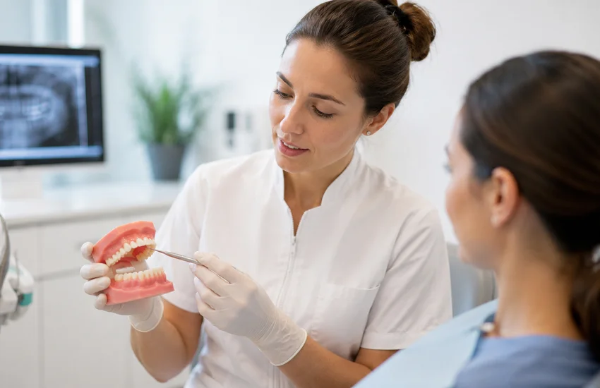 Valoración de dientes torcidos en adultos mediante maqueta dental y revisión de la mordida en consulta.