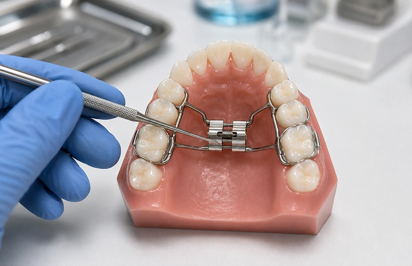 Palate expander on a pediatric dental model to explain the correction of a narrow palate