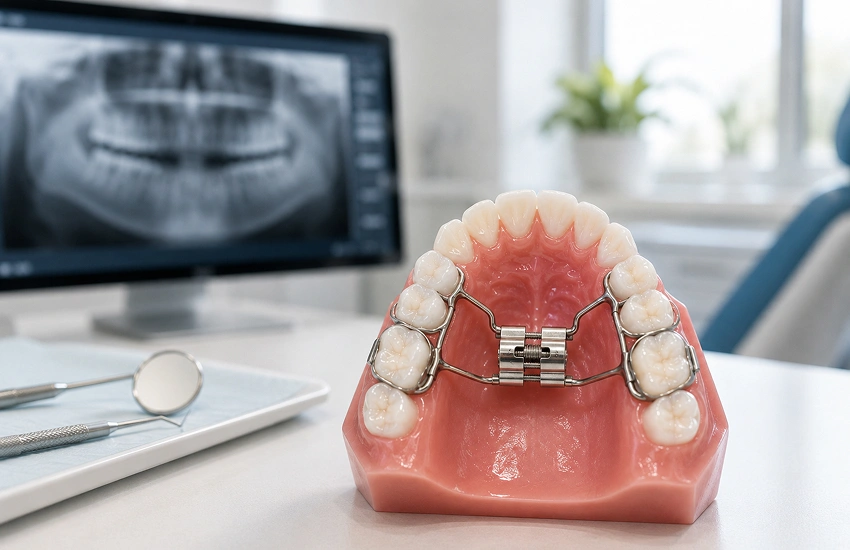 Palate expander on a pediatric dental model to explain the correction of a narrow palate