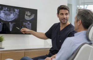Planificació de cirurgia d’implants dentals amb model dental i escàner 3D a consulta.