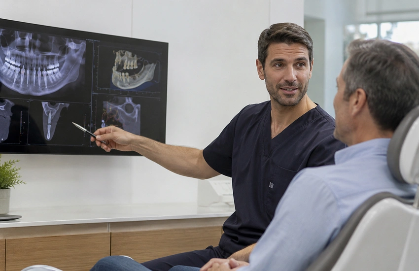 Planificació de cirurgia d’implants dentals amb model dental i escàner 3D a consulta.