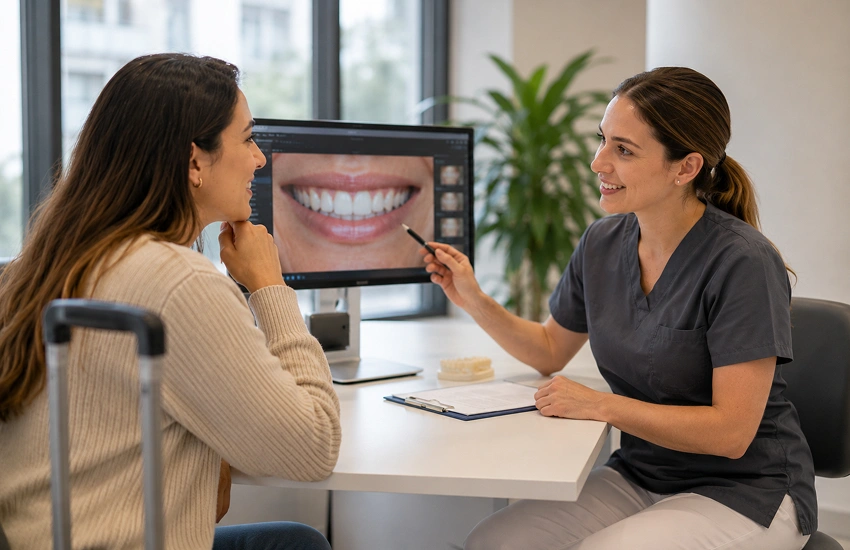 Patient from abroad organizing dental tourism in Spain for veneers.