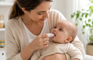 Mare netejant suaument la boca d’un nadó com a part de la cura dental infantil des del naixement