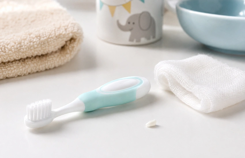 Raspall suau, gasa i pasta fluorada per a la cura dental infantil durant el primer any.