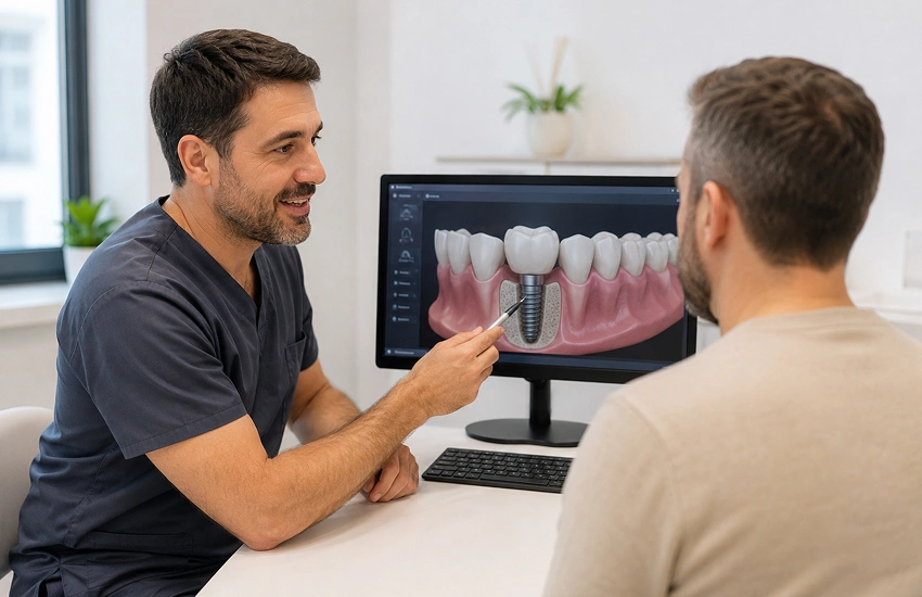 Explicación profesional antes de ponerse implantes dentales sin dolor en una consulta dental luminosa.