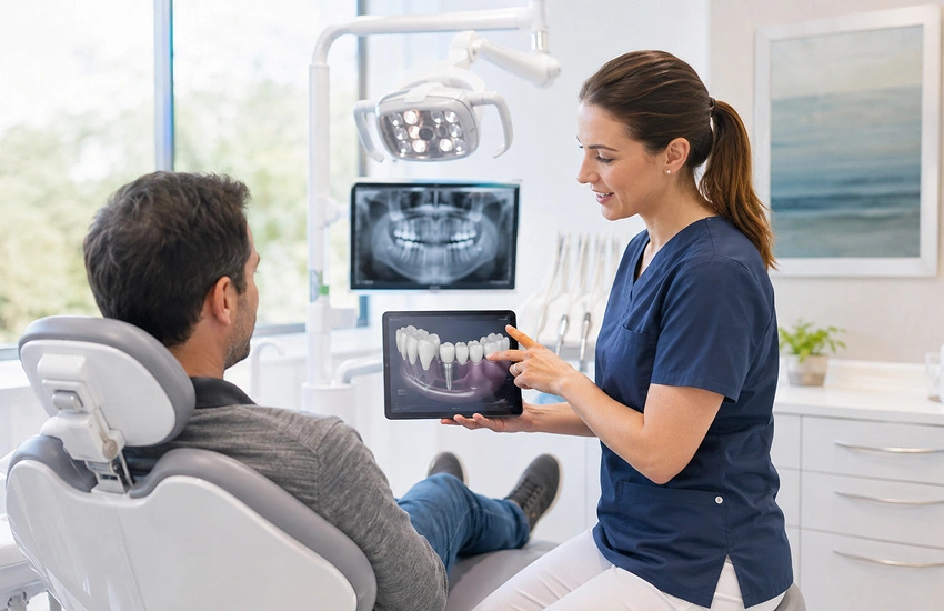 Ponerse implantes dentales sin dolor con una planificación clara y una explicación profesional en consulta dental
