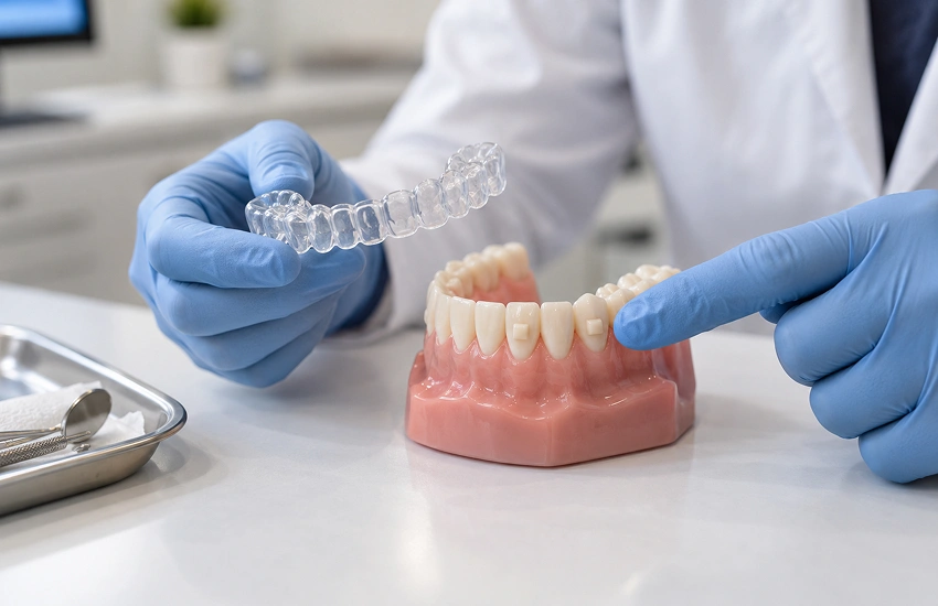 Alineador transparent del mètode Invisalign al costat d'un model dental amb ataches per controlar els moviments