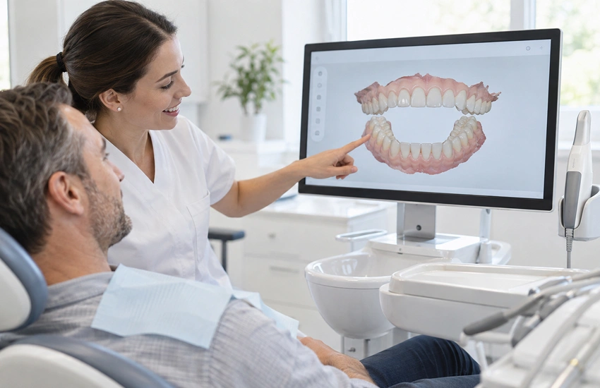 Pacient observant el model digital obtingut mitjançant un escàner intraoral 3D durant la consulta.