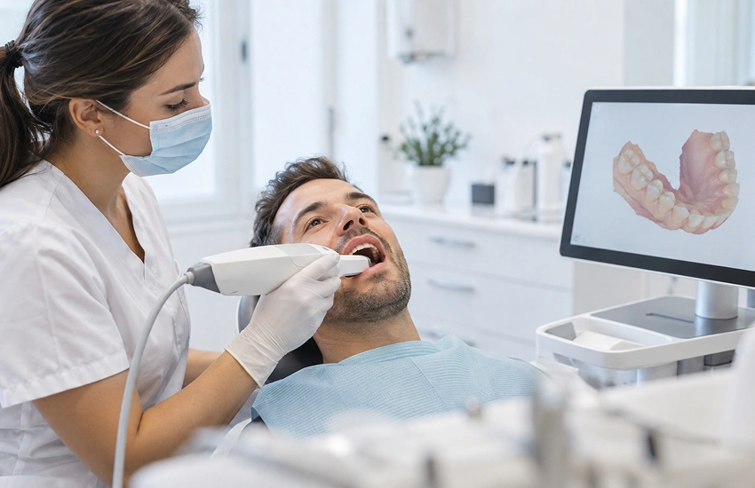Professional utilitzant un escàner intraoral 3D per obtenir un model digital de les dents d’un pacient