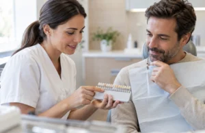 Professional mostrant diferents tipus de carilles dentals durant una valoració estètica personalitzada