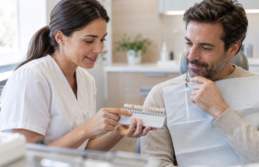 Professional mostrant diferents tipus de carilles dentals durant una valoració estètica personalitzada