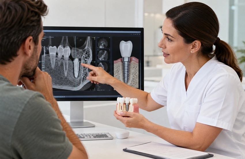 Pressupost d'implants dentals explicat amb model dental, corona i planificació protètica en consulta.