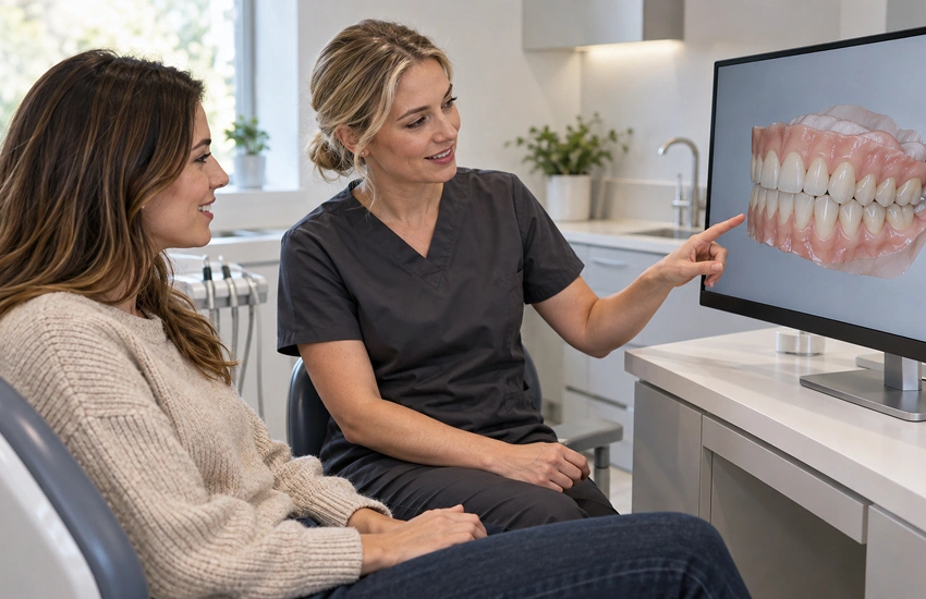 Odontóloga y paciente revisando un modelo dental digital durante la planificación del diseño de sonrisa.