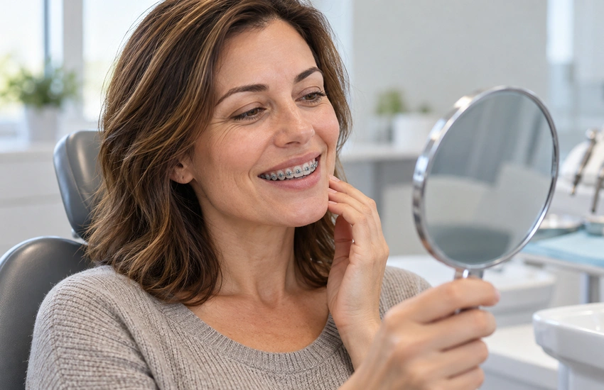 Mujer adulta con brackets metálicos observando su sonrisa en un espejo en la consulta dental.
